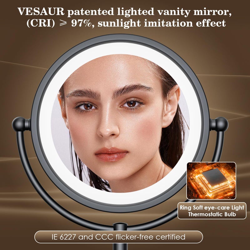 VESAUR Professional 8.5" Lighted Makeup Mirror, 1X/10X Double Sided HD Undistorted Magnifying Mirror with 3 Color 90 Dimmable LED lights, 360Â° Rotation Vanity Mirror, Unique Black Nickel with Gift Box - Image 3